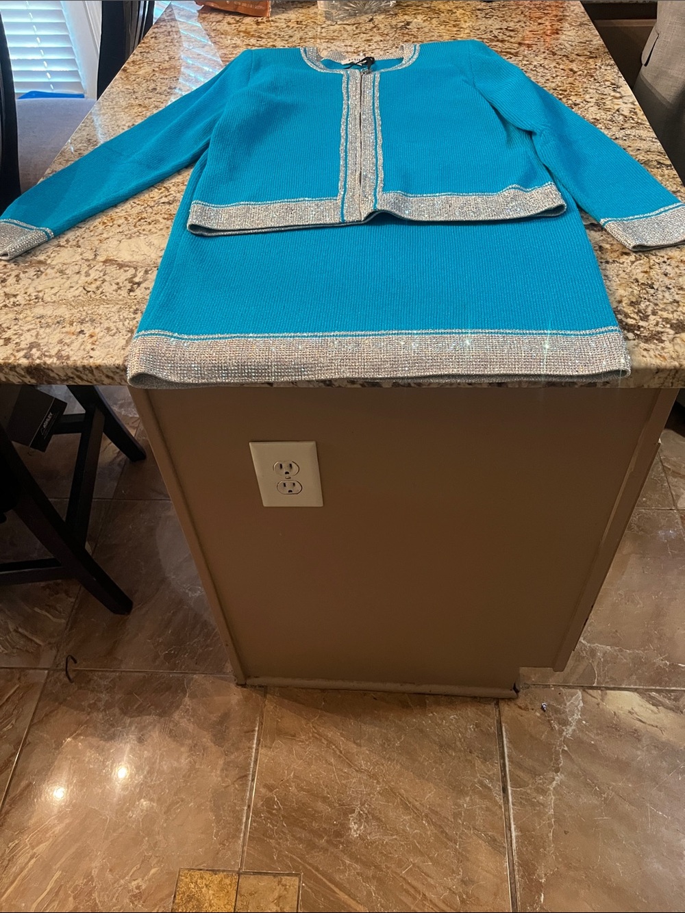 Turquoise Knit Two-Piece Set with Silver Trimmed
